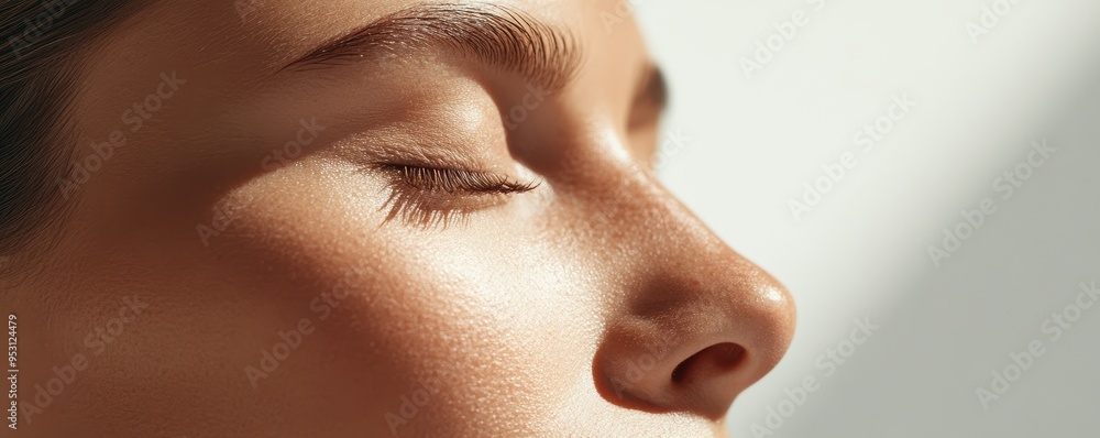 A detailed close-up of a woman's face with closed eyes, showcasing smooth skin texture illuminated by soft sunlight.