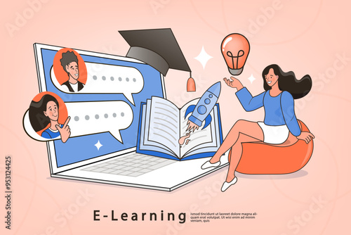 Online education. Distance learning, recorded classes, video tutorial metaphors. online educational. Home education, remote university graduation. e-learning and podcast. Vector flat.
