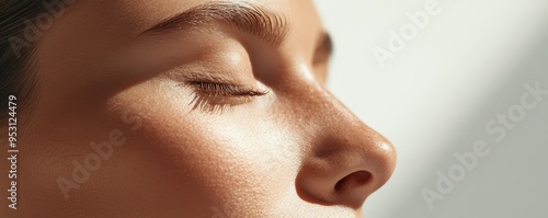 A detailed close-up of a woman's face with closed eyes, showcasing smooth skin texture illuminated by soft sunlight.