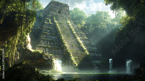 A hyper-realistic image of ancient Aztec civilization ruins, hidden deep within a lush, dense jungle