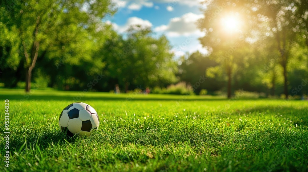 A bright, sunny day in the park with a child soccer ball, with space for text on the grass or sky. A bright, sunny day in the park with a child soccer ball, with space for text on the grass or sky.