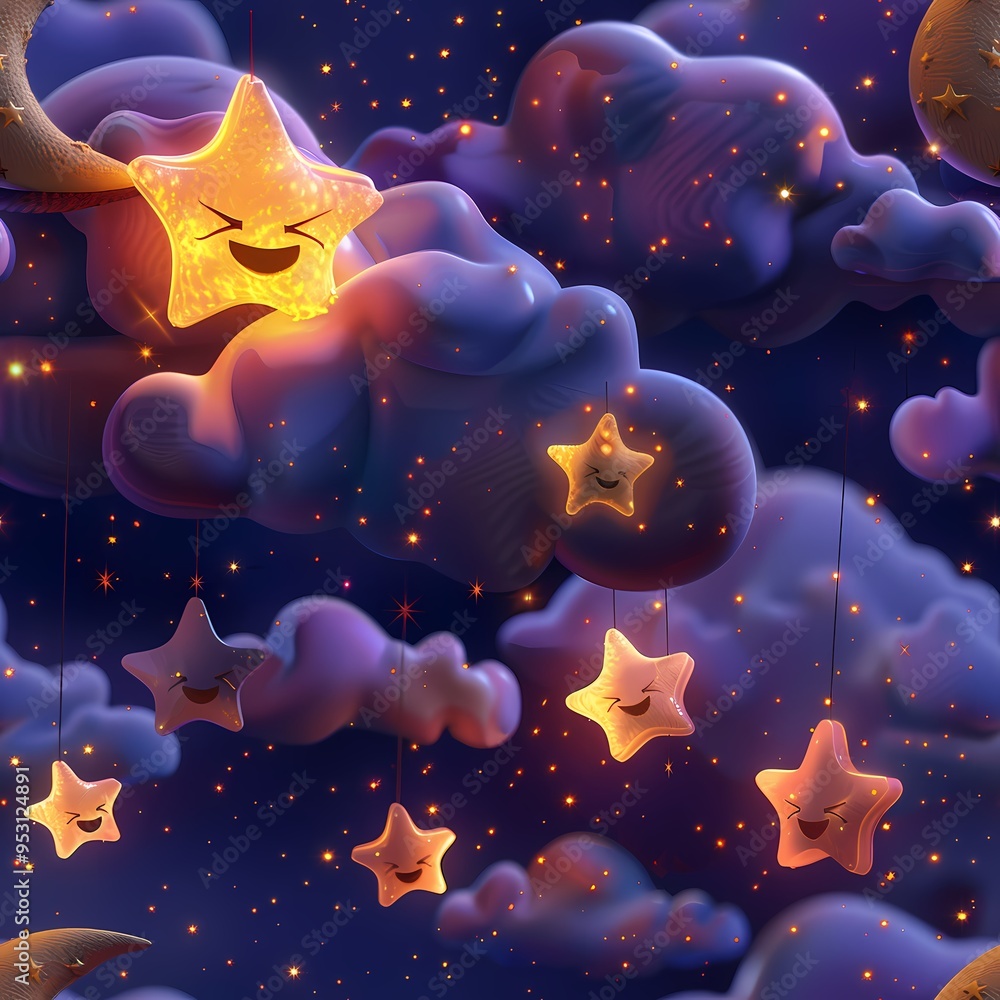 Cute smiling stars float among fluffy clouds in a vibrant night sky with a crescent moon. Cute smiling stars float among fluffy clouds in a vibrant night sky with a crescent moon.