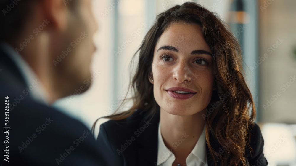 Confident businesswoman in her thirties discussing with a male colleague during an office meeting. Collaboration, communication, and professional business concepts. Confident businesswoman in her thirties discussing with a male colleague during an office meeting. Collaboration, communication, and professional business concepts.