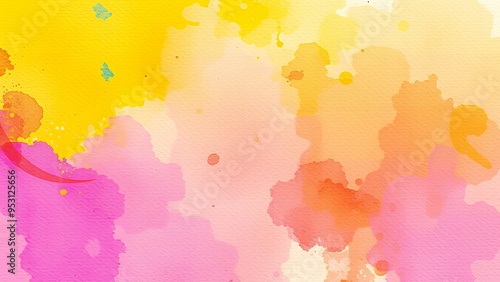 Abstract watercolor background with pink, yellow, and orange hues.