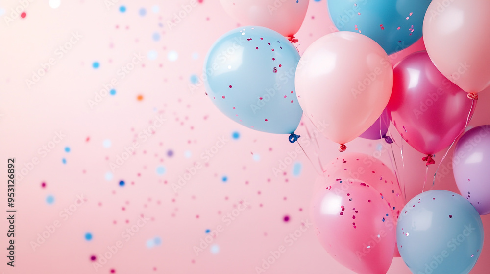 Colorful balloons with confetti in a festive celebration setting on a soft pink background during a joyful event Colorful balloons with confetti in a festive celebration setting on a soft pink background during a joyful event