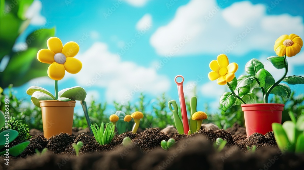 A colorful children garden with small tools and plants, with space for text in the soil or sky. A colorful children garden with small tools and plants, with space for text in the soil or sky.