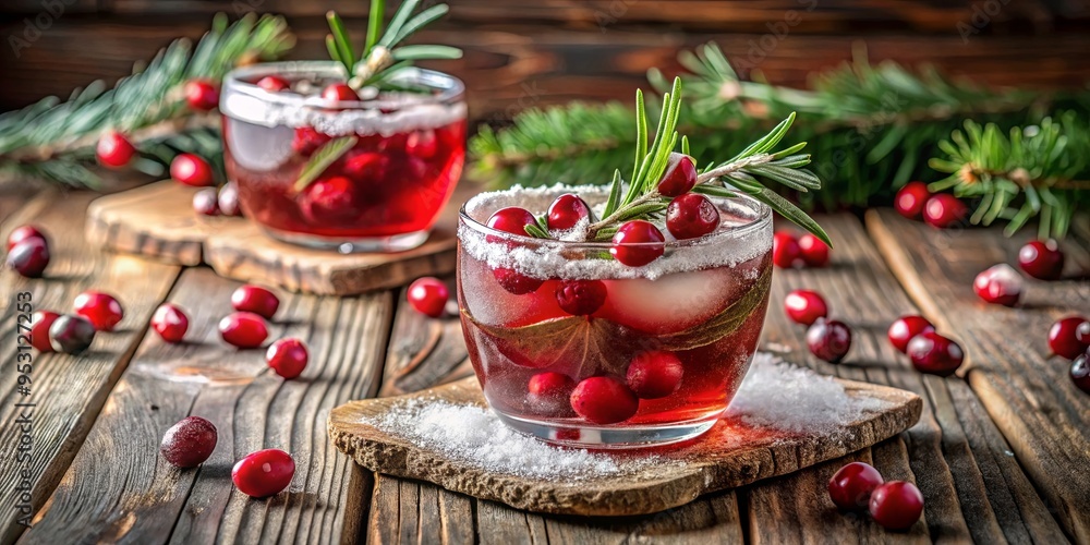 A festive sparkling cocktail with cranberries, rosemary garnish, and sugared rim on a wooden table decorated for the holidays A festive sparkling cocktail with cranberries, rosemary garnish, and sugared rim on a wooden table decorated for the holidays