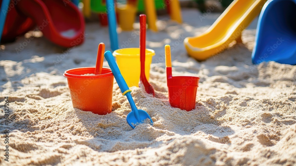 A sandbox with toy shovels and buckets, with space for text in the sand. Perfect for outdoor play themes. A sandbox with toy shovels and buckets, with space for text in the sand. Perfect for outdoor play themes.