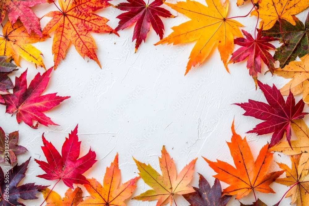 Autumn Maple Leaves Flat Lay White Background created with Generative AI Autumn Maple Leaves Flat Lay White Background created with Generative AI