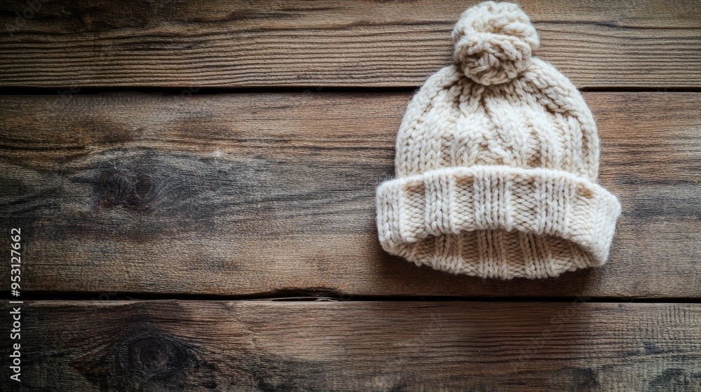 A soft, knitted baby hat on a wooden table, with space for text on the surrounding surface. A soft, knitted baby hat on a wooden table, with space for text on the surrounding surface.