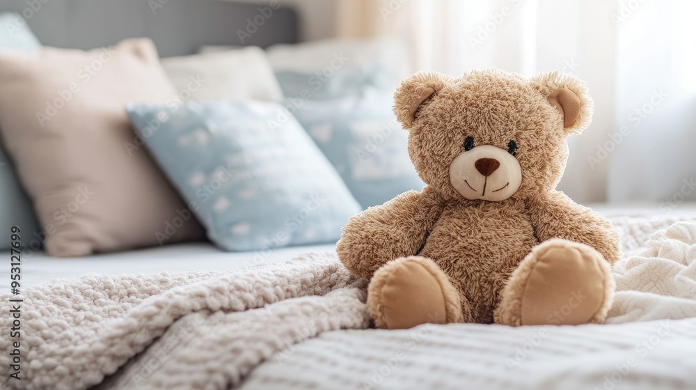 A soft, plush teddy bear sitting on a child bed, surrounded by pillows. Ample space for text on the bedspread. A soft, plush teddy bear sitting on a child bed, surrounded by pillows. Ample space for text on the bedspread.