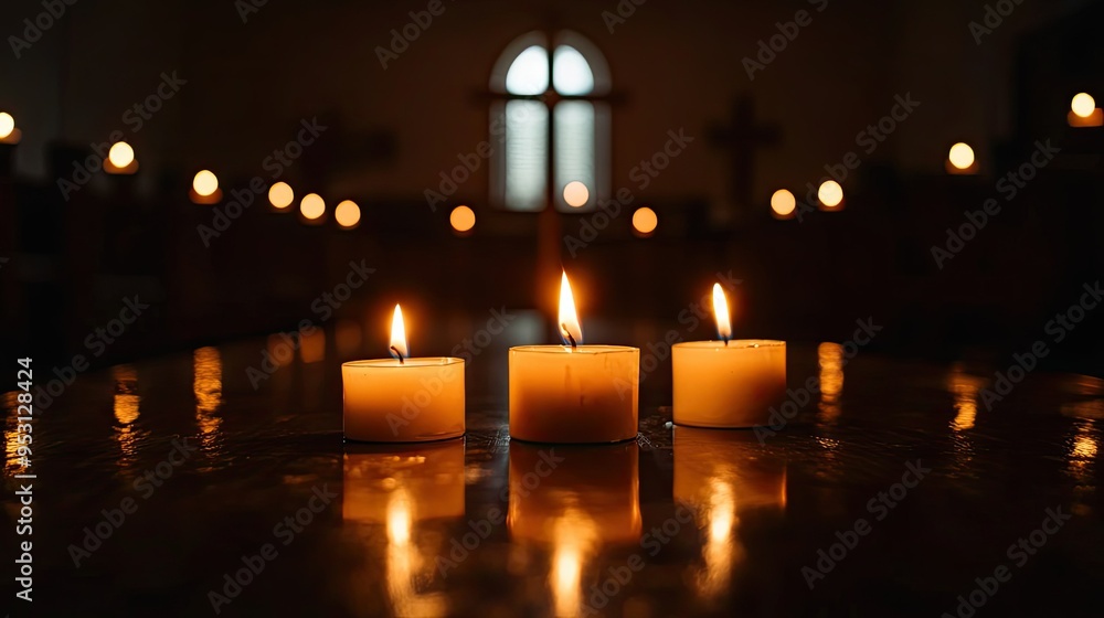 Lit candles with a cross in the background, soft glow, no people, peaceful atmosphere, ample space for text Lit candles with a cross in the background, soft glow, no people, peaceful atmosphere, ample space for text