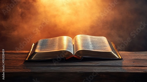 Open Bible on a wooden table with a warm glow, no people, clear background, copy space