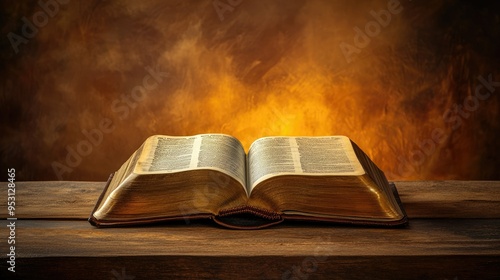 Open Bible on a wooden table with a warm glow, no people, clear background, copy space