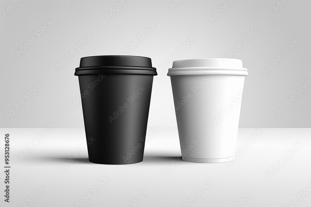 Two disposable coffee cups one black and one white sit side by side on a plain white surface Two disposable coffee cups one black and one white sit side by side on a plain white surface