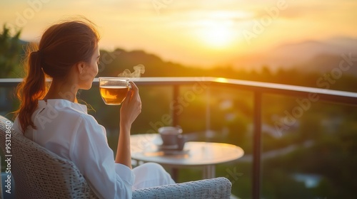 A serene moment of relaxation as a person enjoys tea on a balcony during a beautiful sunset.