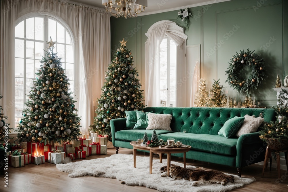 Stylish christmas living room interior with green sofa, white chimney, christmas tree Stylish christmas living room interior with green sofa, white chimney, christmas tree
