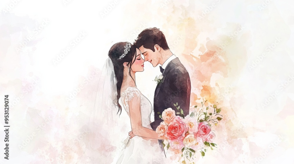 Cartoon and watercolor illustration of a bride and groom. The bride is wearing a white dress with a crown on her dark hair, surrounded by peonies and roses. Cartoon and watercolor illustration of a bride and groom. The bride is wearing a white dress with a crown on her dark hair, surrounded by peonies and roses.