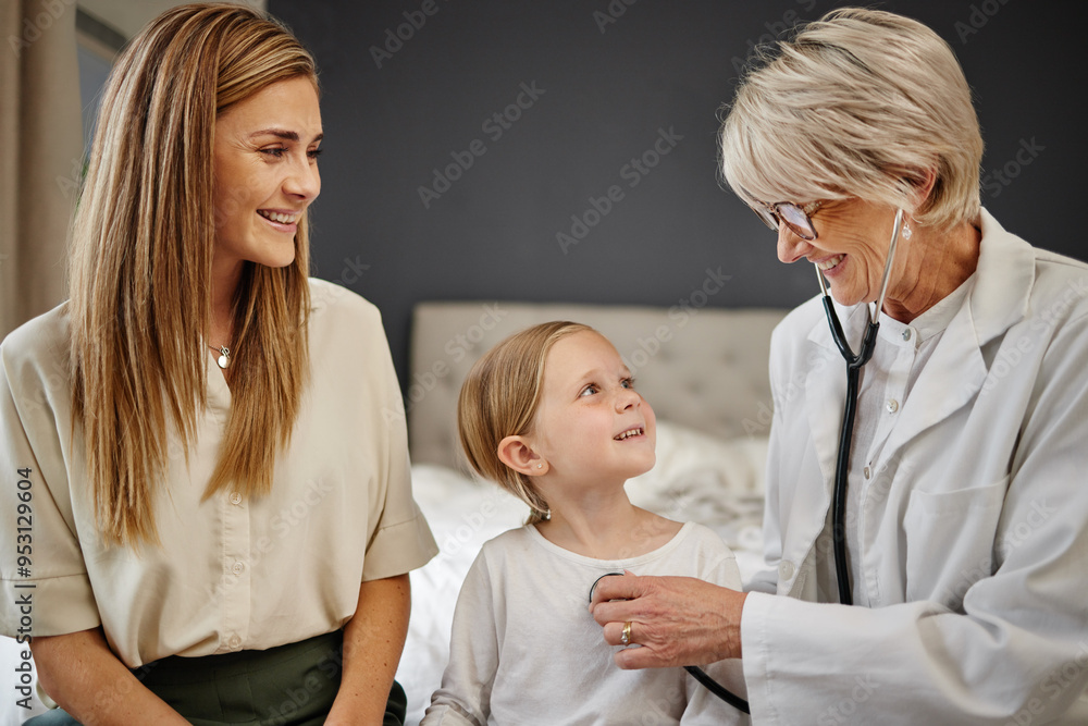 Happy mother, child and bed with doctor checking heart beat for checkup, visit or diagnosis at home. Mom, daughter and medical worker listening to breathing with stethoscope for exam or test at house Happy mother, child and bed with doctor checking heart beat for checkup, visit or diagnosis at home. Mom, daughter and medical worker listening to breathing with stethoscope for exam or test at house
