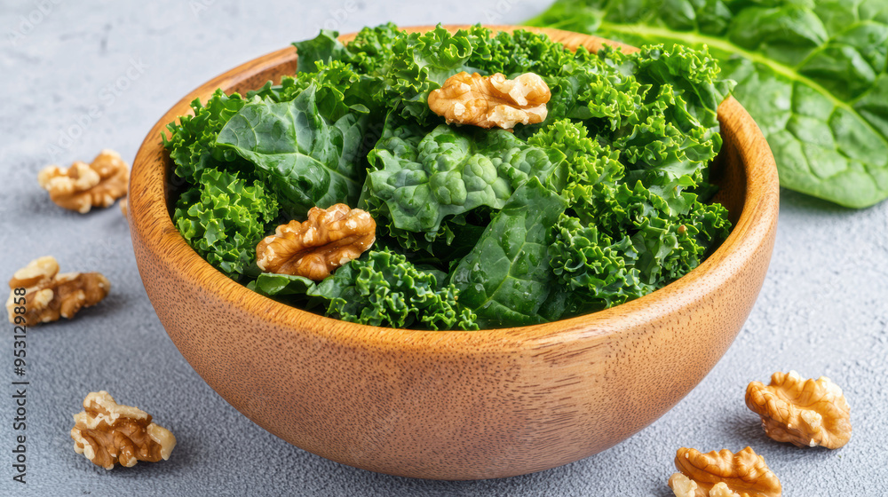 Leafy green salad with kale, spinach, and walnuts, nutrientdense meal, brain health focus Leafy green salad with kale, spinach, and walnuts, nutrientdense meal, brain health focus