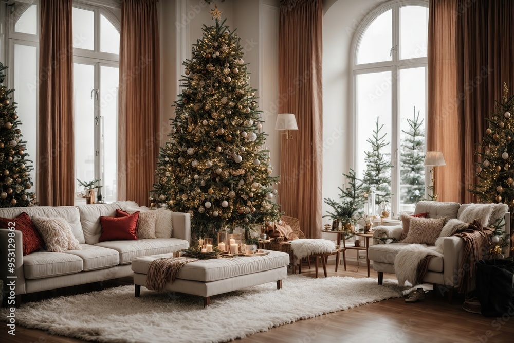 Stylish interior of living room with beautiful Christmas tree Stylish interior of living room with beautiful Christmas tree