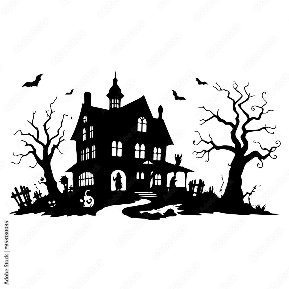 A black and white Halloween house with bats flying around it. The house is surrounded by trees and there is a graveyard in the background A black and white Halloween house with bats flying around it. The house is surrounded by trees and there is a graveyard in the background