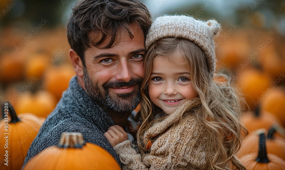 A heartwarming Halloween-themed image of a father and daughter in a pumpkin patch, perfect for autumn decorations and family-themed events with copy space. A heartwarming Halloween-themed image of a father and daughter in a pumpkin patch, perfect for autumn decorations and family-themed events with copy space.