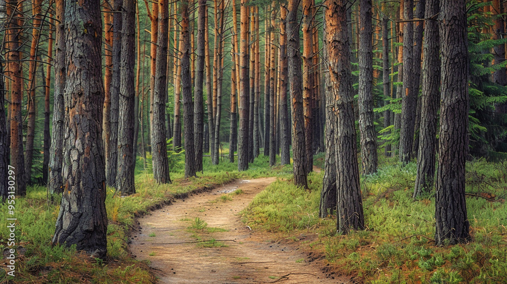 Fototapeta premium a tranquil forest path winding through a grove of tall, majestic pines