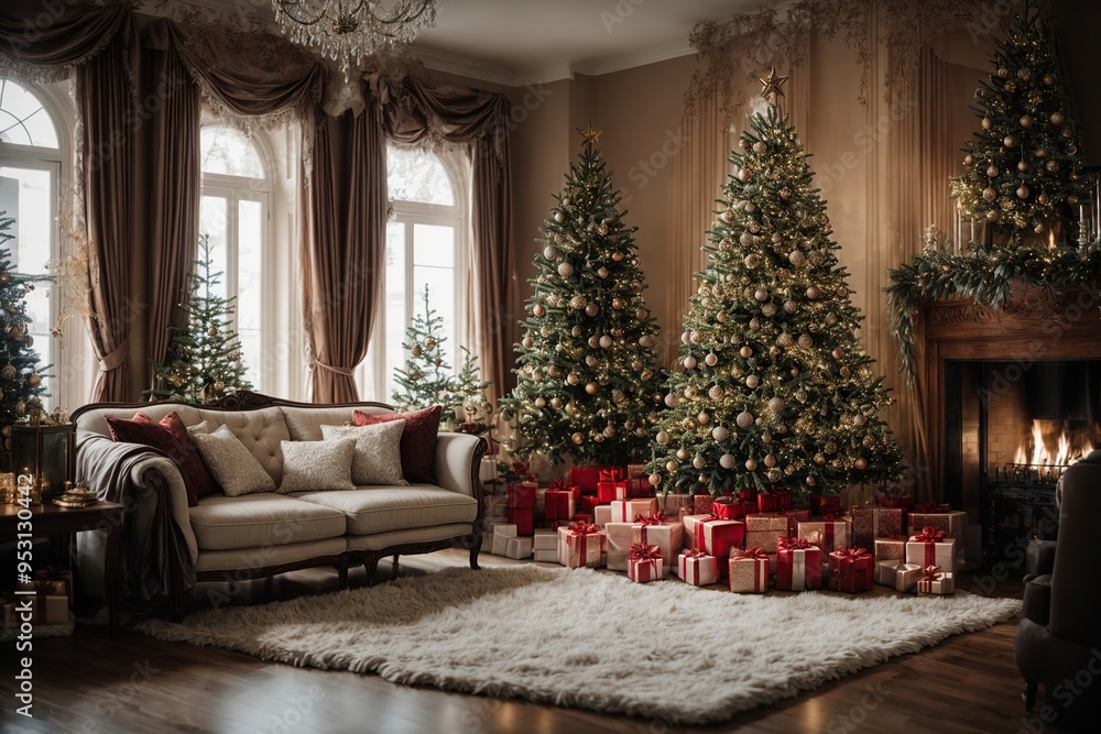 Stylish interior with beautiful Christmas tree Stylish interior with beautiful Christmas tree