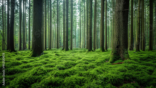 a tranquil forest with tall, slender trees and a carpet of soft moss