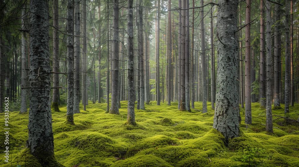 a tranquil forest with tall, slender trees and a carpet of soft moss a tranquil forest with tall, slender trees and a carpet of soft moss