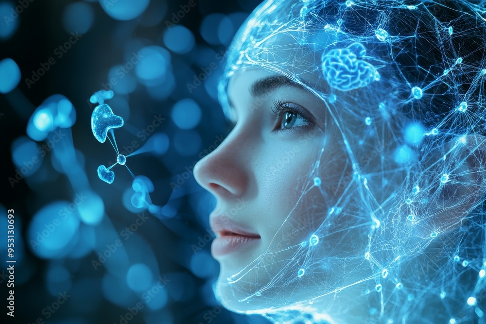 Futuristic digital portrait of a woman with glowing neural networks exploring the fusion of technology and human cognition in a high tech world Futuristic digital portrait of a woman with glowing neural networks exploring the fusion of technology and human cognition in a high tech world