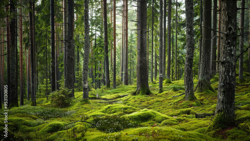 a tranquil forest with tall, slender trees and a carpet of soft moss