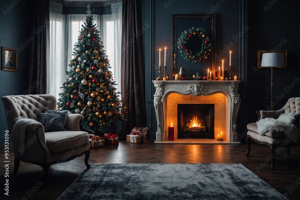 Stylish room interior with beautiful Christmas tree and decorative fireplace Stylish room interior with beautiful Christmas tree and decorative fireplace