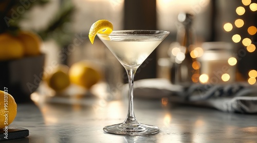 Exquisite Classic Vesper Martini Garnished with a Zesty Lemon Twist for Elegant Cocktails and Beverages Concept.