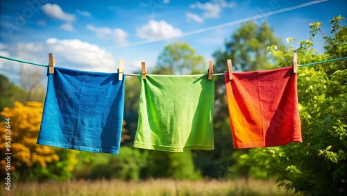 Wallpaper Mural Three colorful cloths hanging on a clothesline representing fresh laundry, natural fabrics, and a simple life Torontodigital.ca
