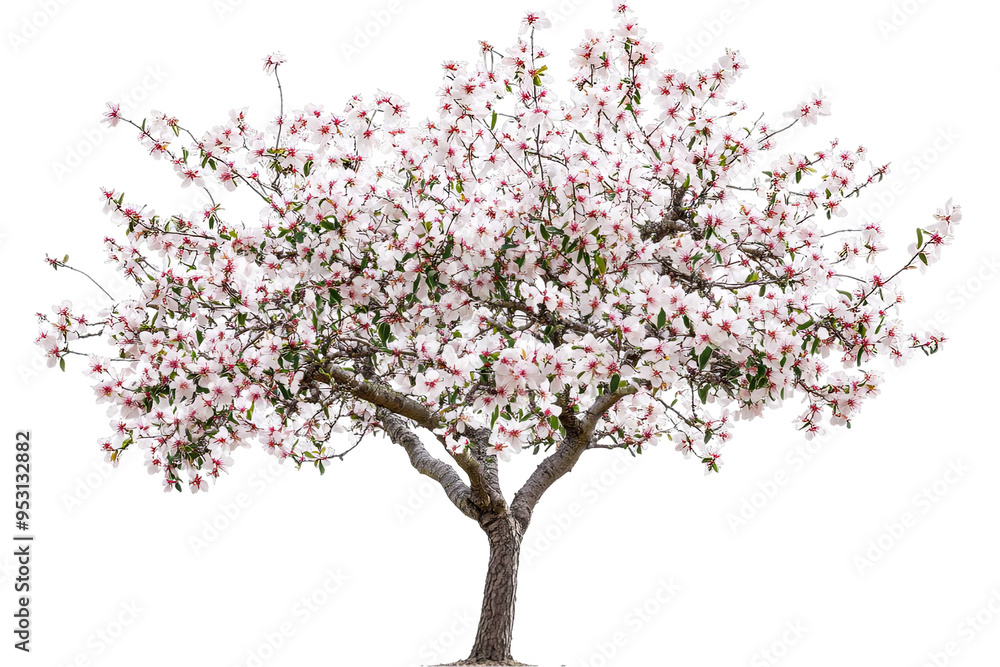 A fully bloomed cherry tree with white flowers and pink centers against a white transparent background. A fully bloomed cherry tree with white flowers and pink centers against a white transparent background.