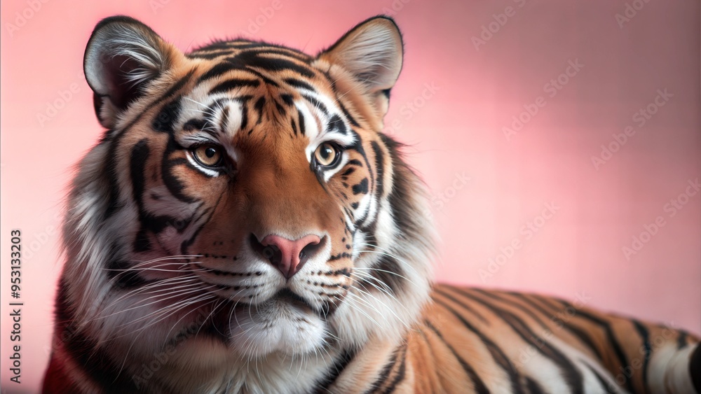 Obraz premium Regal Amur tiger on neutral background.Banner on the theme of protection and conservation of rare animals.Wild beautiful animal and free space