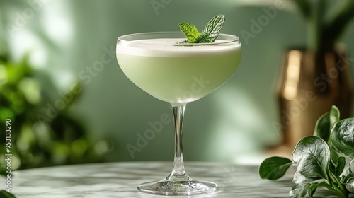 Classic Grasshopper Cocktail Served in Elegant Coupe Glass on a Bar Table - Refreshing Mint Drink for Summer Nights