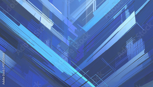 abstract blue background with rays with architectural and construction lines and shapes	