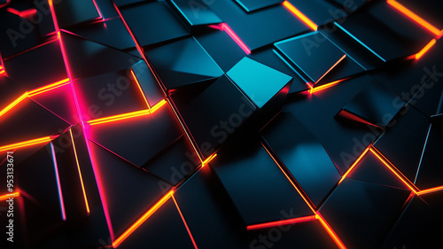 Vibrant geometric illustration featuring interconnected digital panels with neon accents and a dark background photo