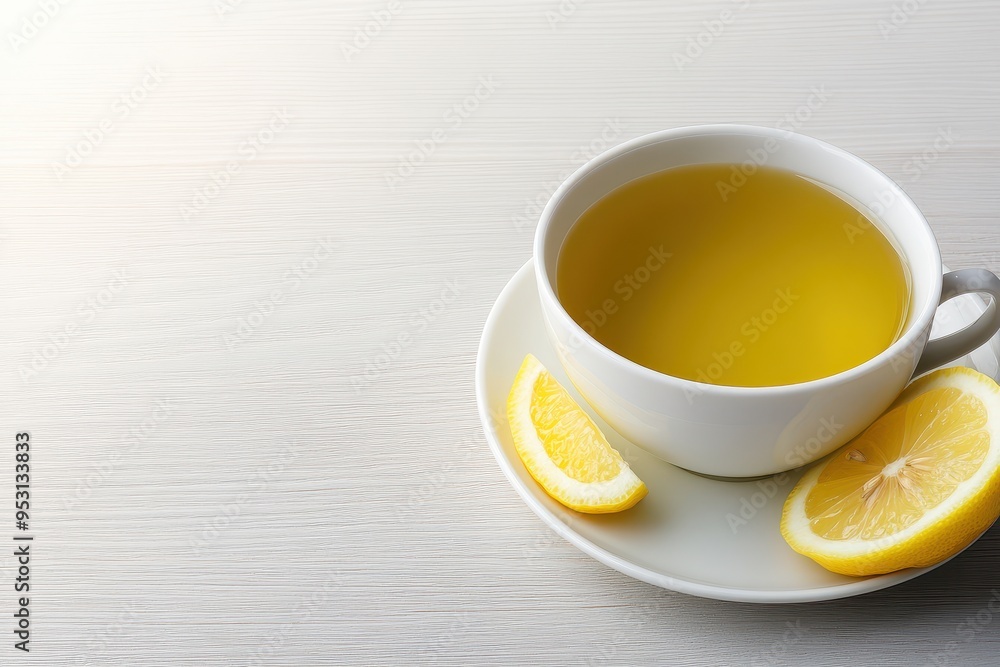 Close-up of a white cup filled with green tea, served with fresh lemon slices on a light wooden surface, perfect for a refreshing and calming drink. Close-up of a white cup filled with green tea, served with fresh lemon slices on a light wooden surface, perfect for a refreshing and calming drink.