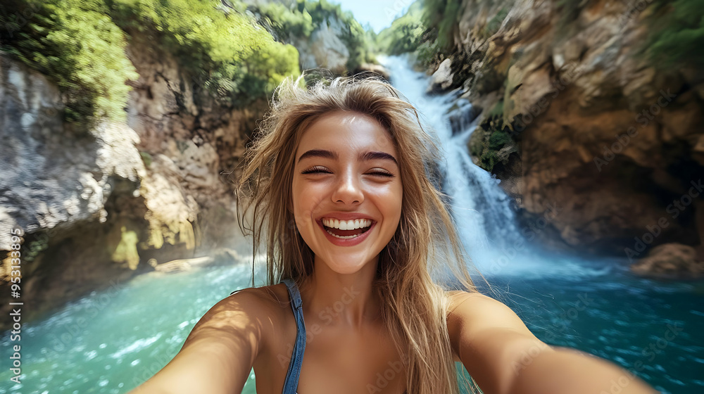 Happy Selfie with Waterfall in the Background Happy Selfie with Waterfall in the Background