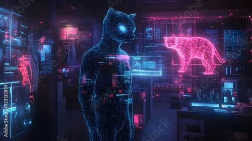 Quantum Chameleon in a Futuristic Tailoring Studio with Neon Aesthetics photo