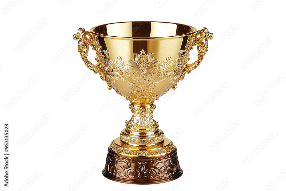 A golden trophy cup with ornate details and two handles, isolated on a white transparent background. A golden trophy cup with ornate details and two handles, isolated on a white transparent background.