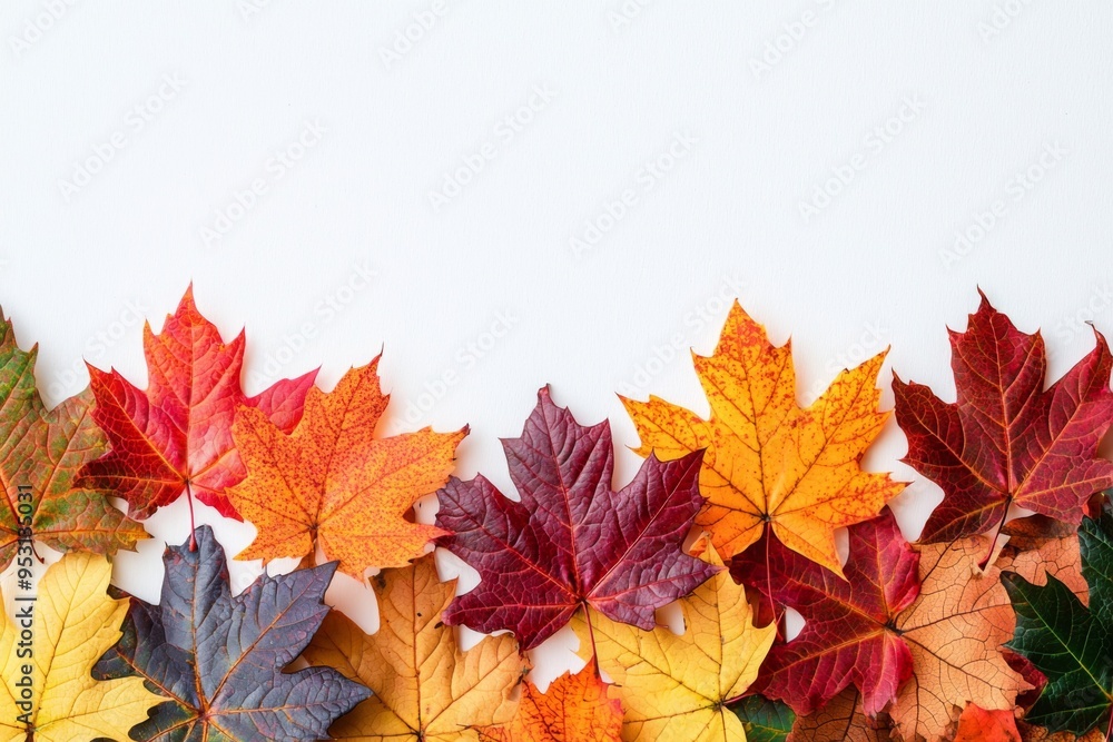 Autumn Maple Leaves Flat Lay White Background created with Generative AI Autumn Maple Leaves Flat Lay White Background created with Generative AI