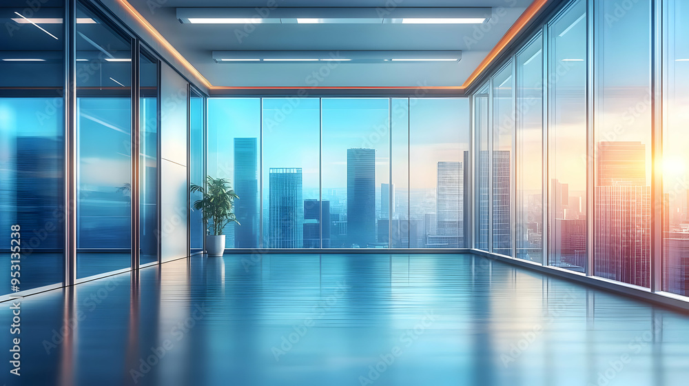 Modern Office Interior Design with City Skyline View Modern Office Interior Design with City Skyline View