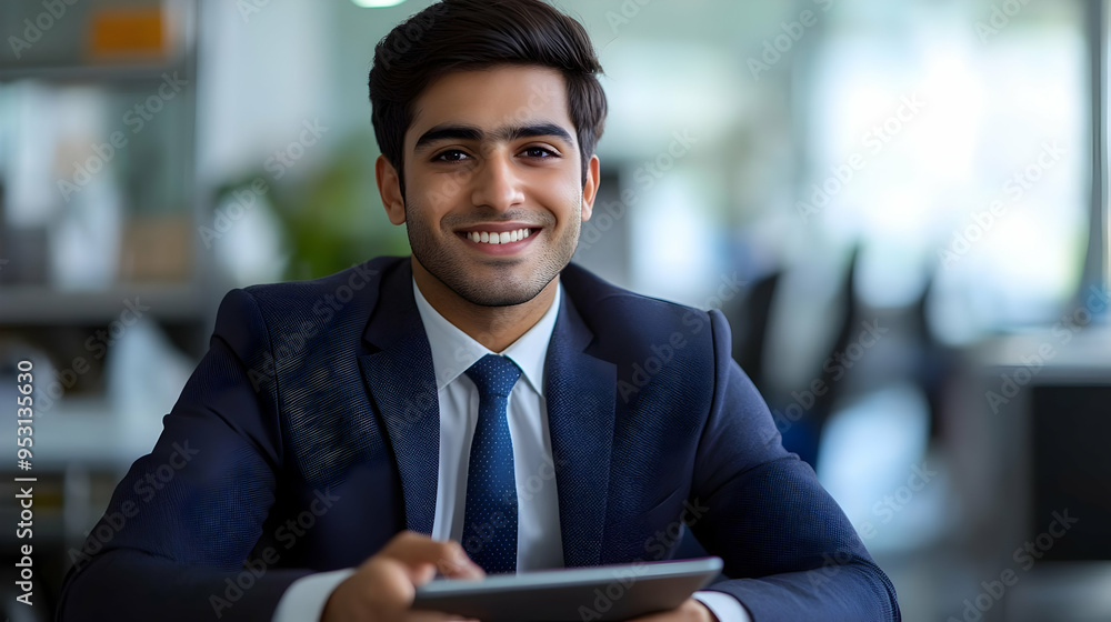 Confident Businessman Smiling and Working on a Tablet, Professional Success, Achievement, and Goal Setting, Corporate Office Background Confident Businessman Smiling and Working on a Tablet, Professional Success, Achievement, and Goal Setting, Corporate Office Background