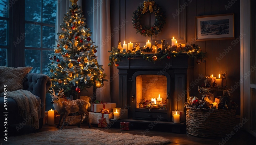 Fototapeta premium Warm and cozy home interior with Christmas decorations, such as a fireplace, stockings and a Christmas tree
