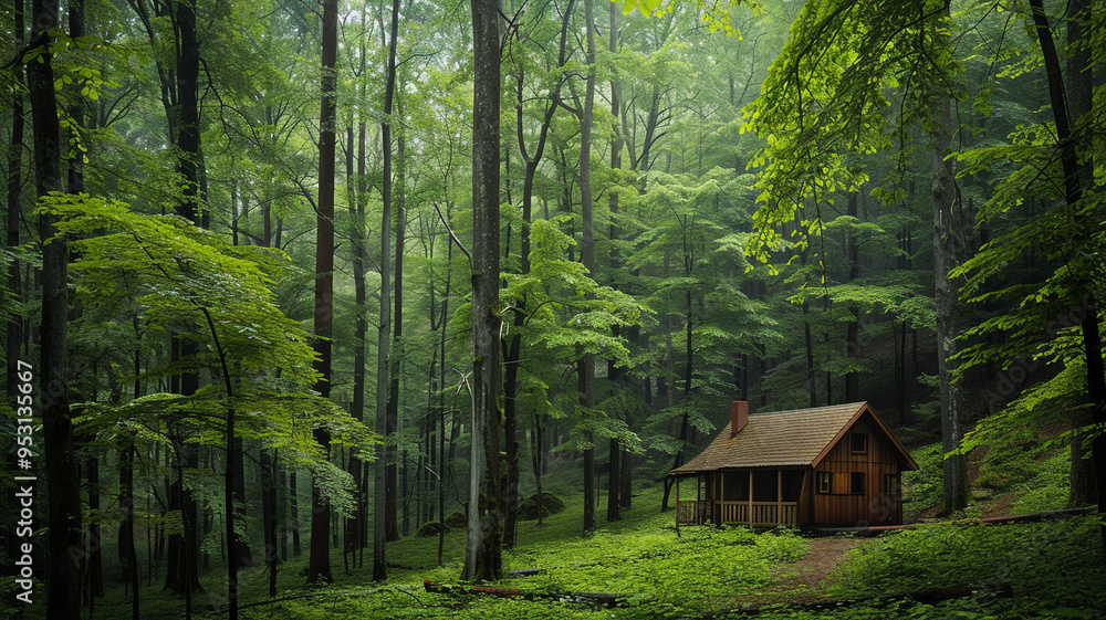 a serene forest with a small wooden cabin nestled among the trees a serene forest with a small wooden cabin nestled among the trees